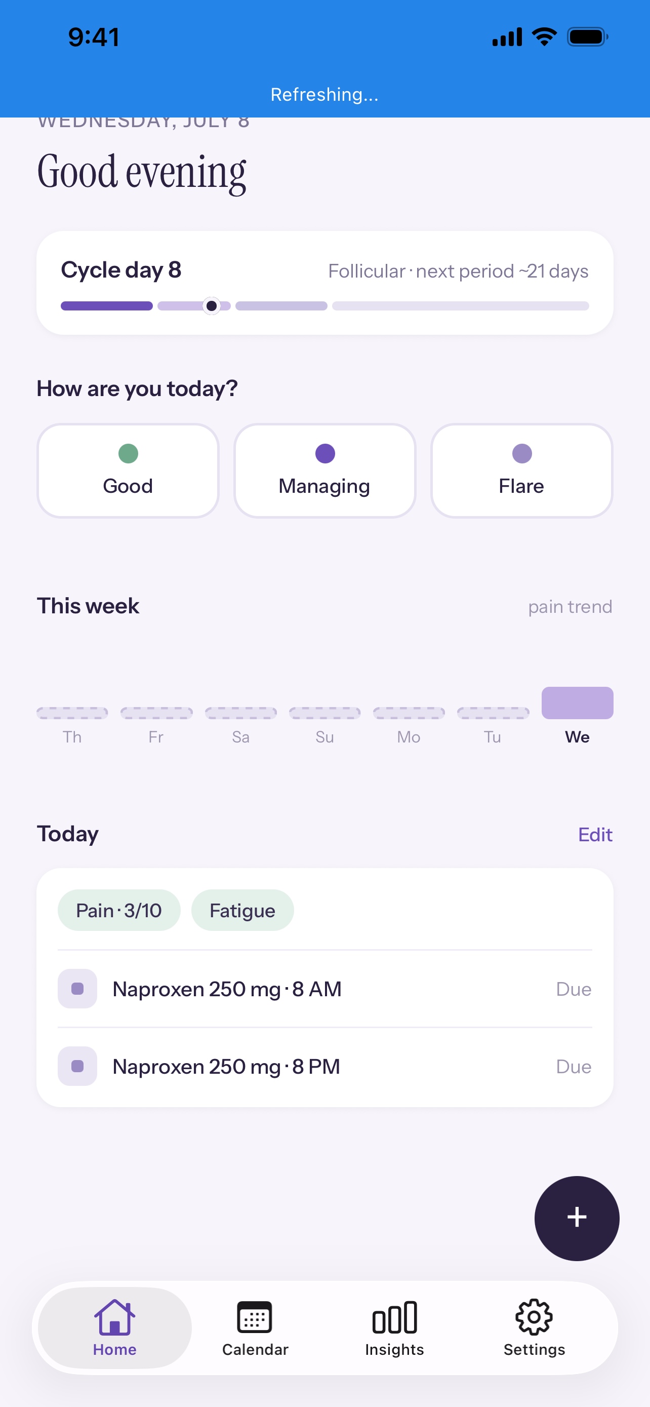 Violet Home screen: cycle day, mood check-in, medications and this-week pain trend